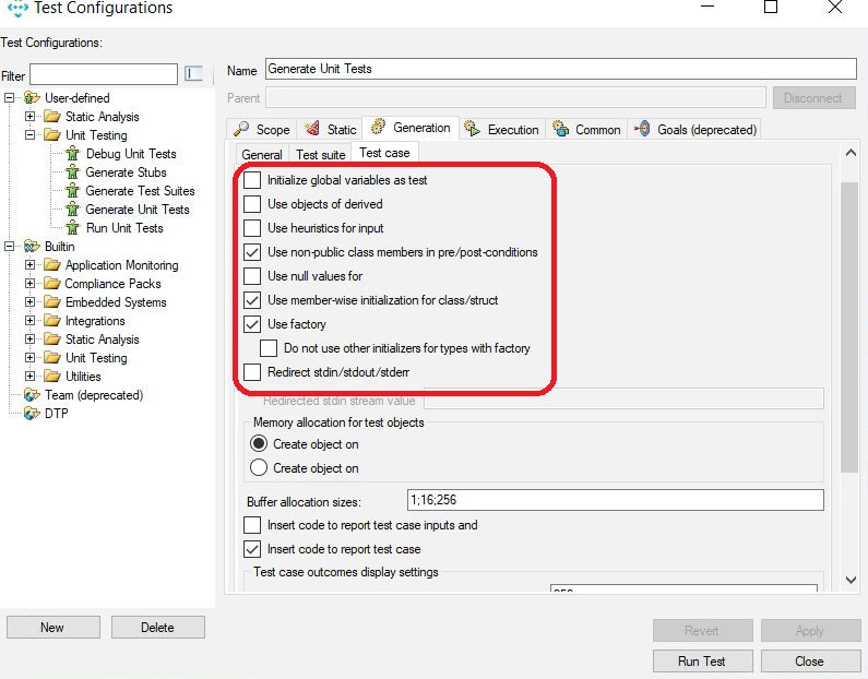 Parasoft C++TEST: Test Configurations-->Generate Unit Tests-->Generation-->Test Case Example for defining inputs for unit tests